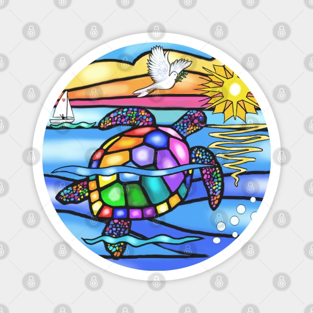 Stained Glass Style Sea Turtle Swims Toward Home Magnet by Dogs Galore and More